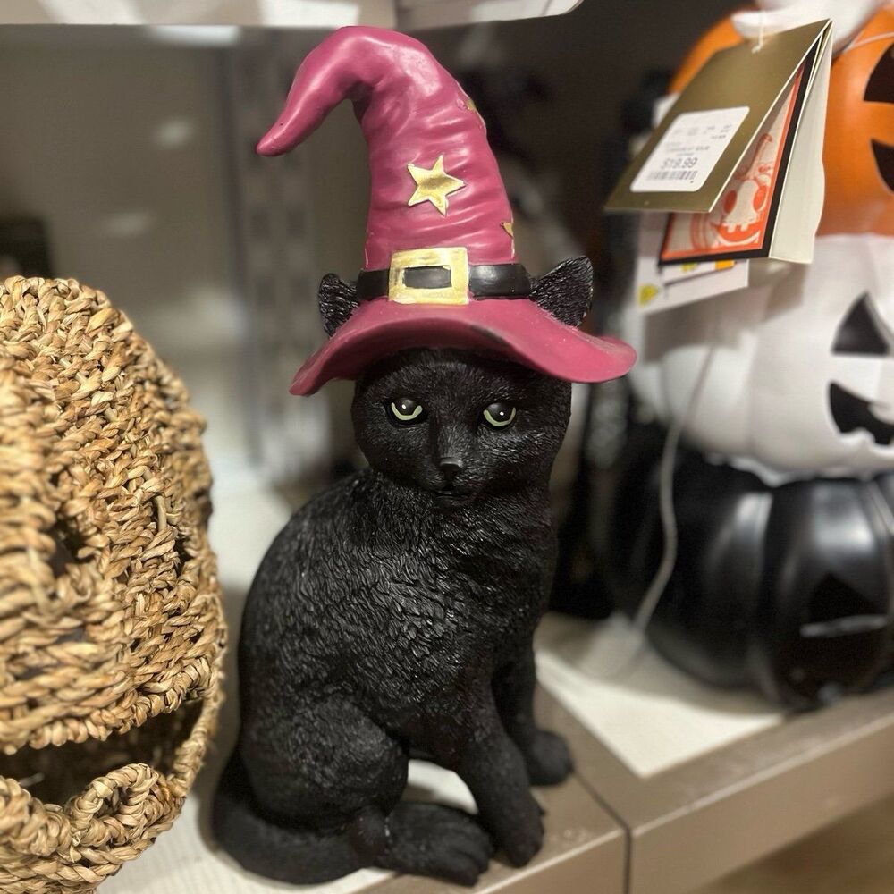 Halloween Witch Hat Black Cat Stars Figurine Decor